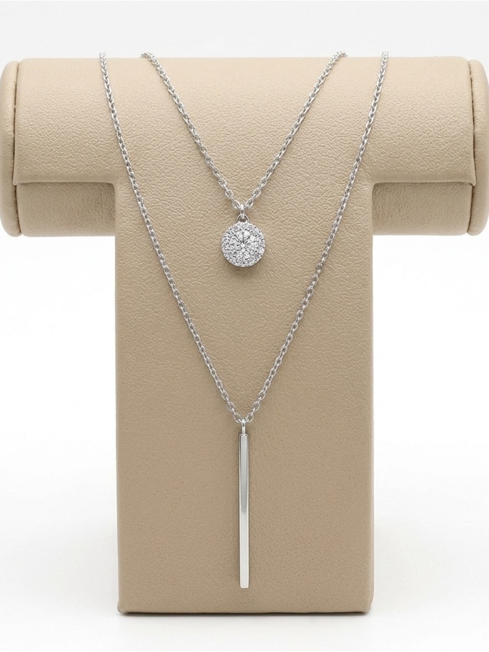 New Woman’s Layered Silver Necklace with Sparkling Circle Charm and Silver Bar